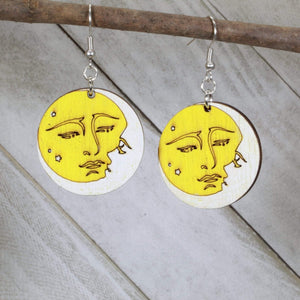 Sun and Moon Wooden Dangle Earrings | Celestial Yin Yang Jewelry