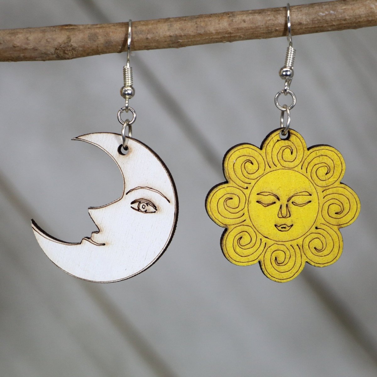 Sun and Moon Wooden Earrings | Celestial Smiley Face Jewelry by Cate's Concepts, LLC, handmade jewelry main product photo