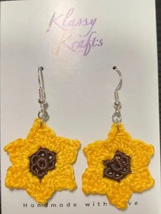 Sunflower Earrings - Handmade Crochet Flower Earrings Hypoallergenic Cotton Accessories by Klassy Krafts, handmade jewelry detail photo 2