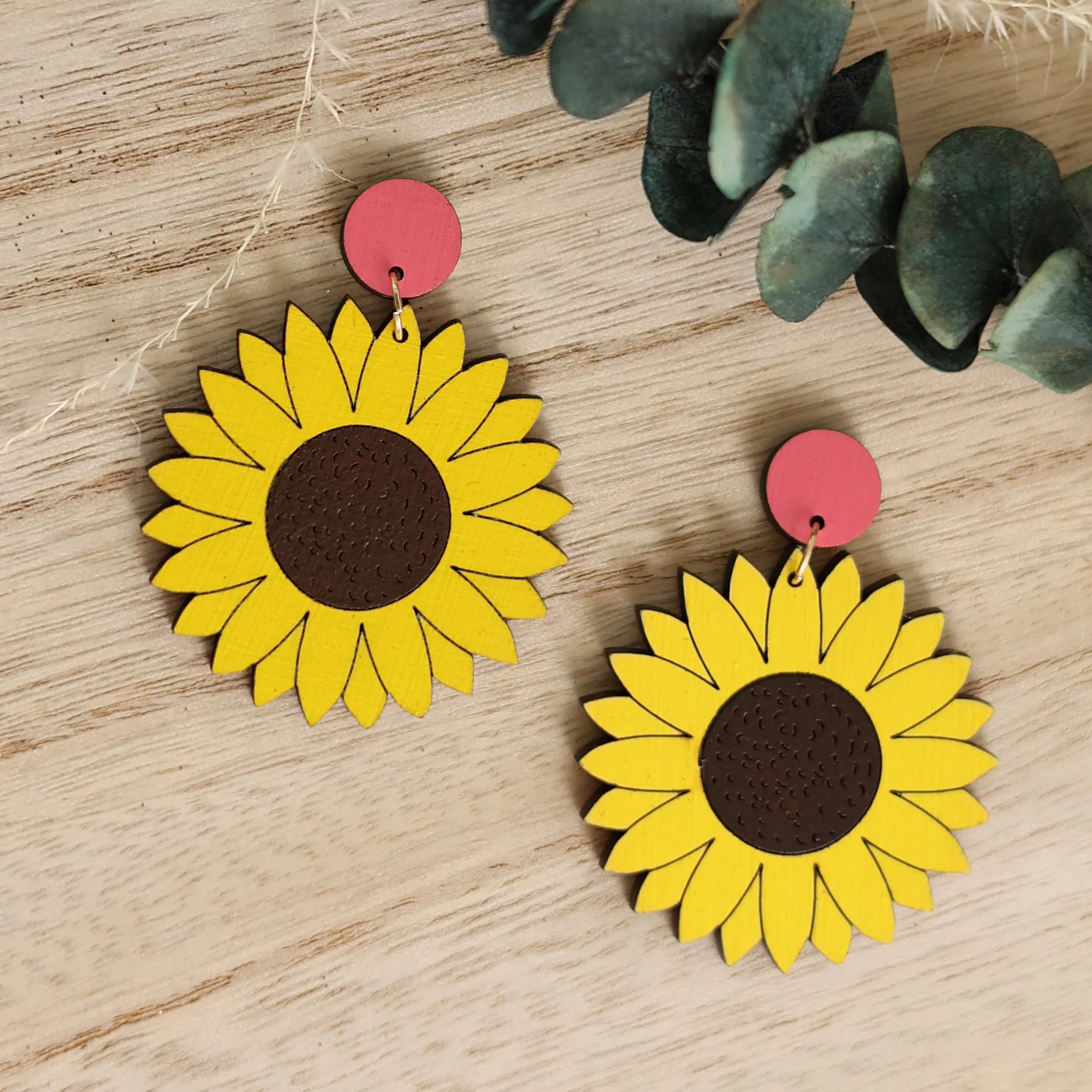 Sunflower Dangle Earrings hand painted on lightweight wood by LE CHIC MIAMI