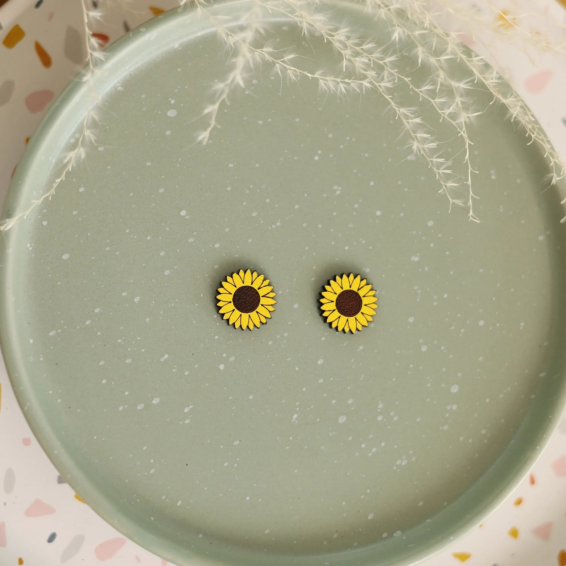 Additional view of Sunflower Stud Earrings hand painted on lightweight wood by LE CHIC MIAMI