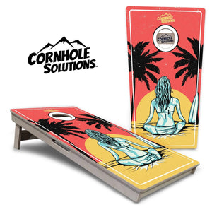 Sunset Girl Cornhole Boards - Professional Tournament Series by Cornhole Solutions, custom cornhole board main product photo