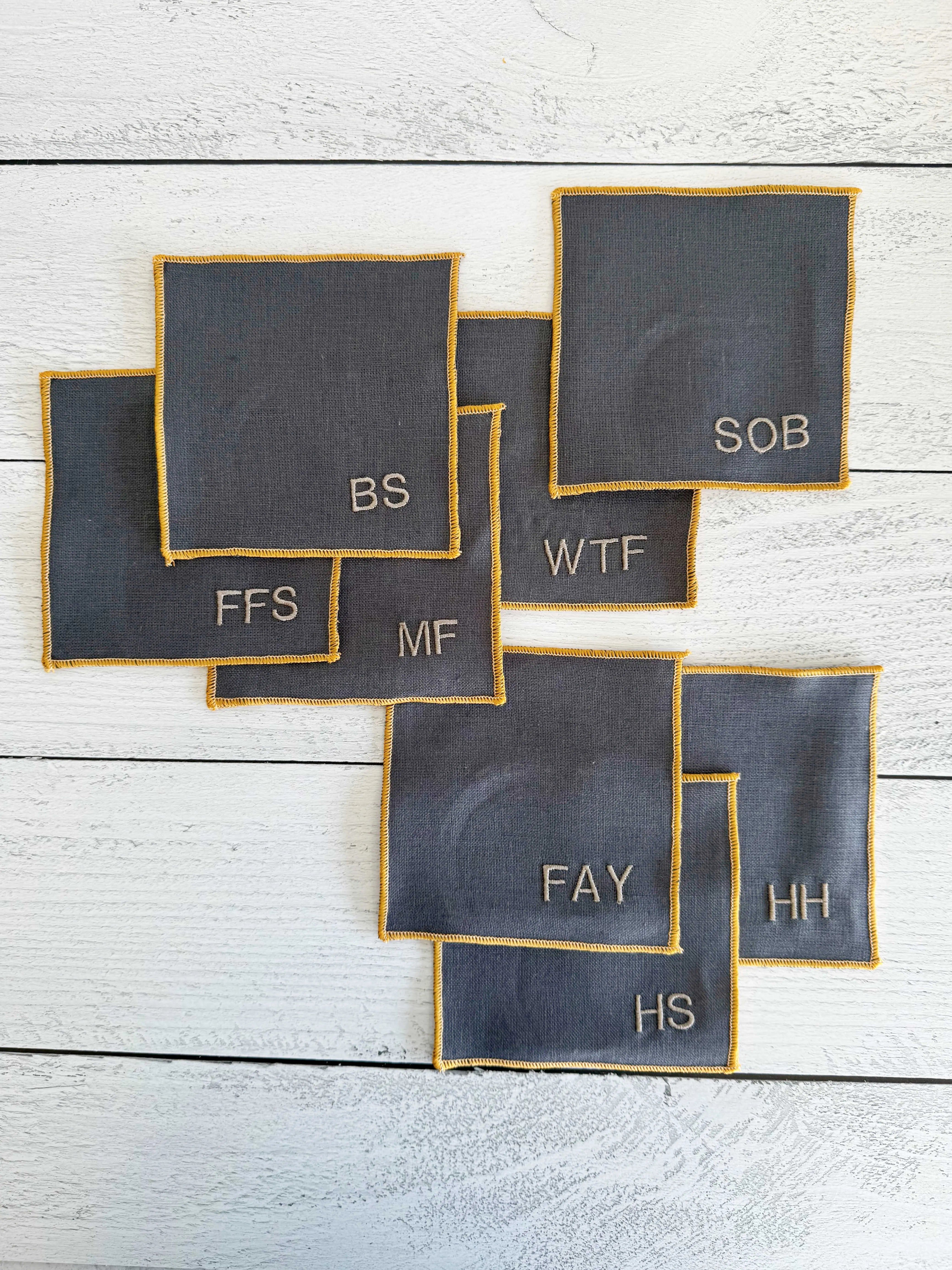 Sweary Cocktail Coasters in Grey Linen, set of eight by Dot and Army, Southern home decor detail photo 2