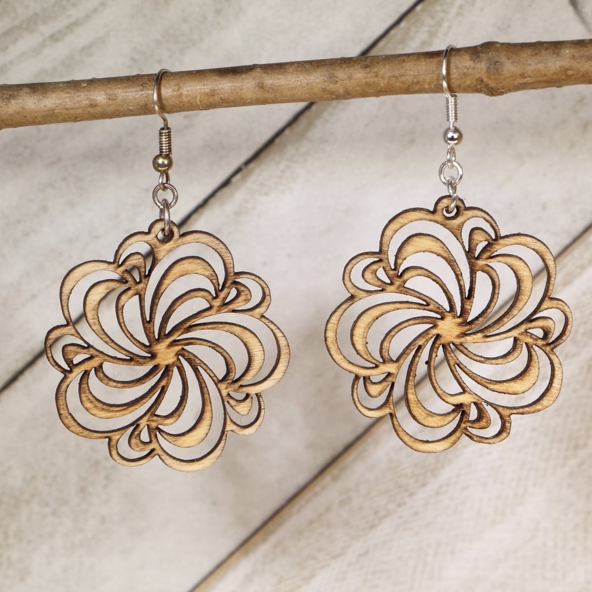 Swirl Flower Wooden Earrings | Boho Floral Cutout Jewelry by Cate's Concepts, LLC, handmade jewelry main product photo