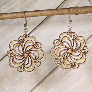 Swirl Flower Wooden Earrings | Boho Floral Cutout Jewelry by Cate's Concepts, LLC, handmade jewelry main product photo