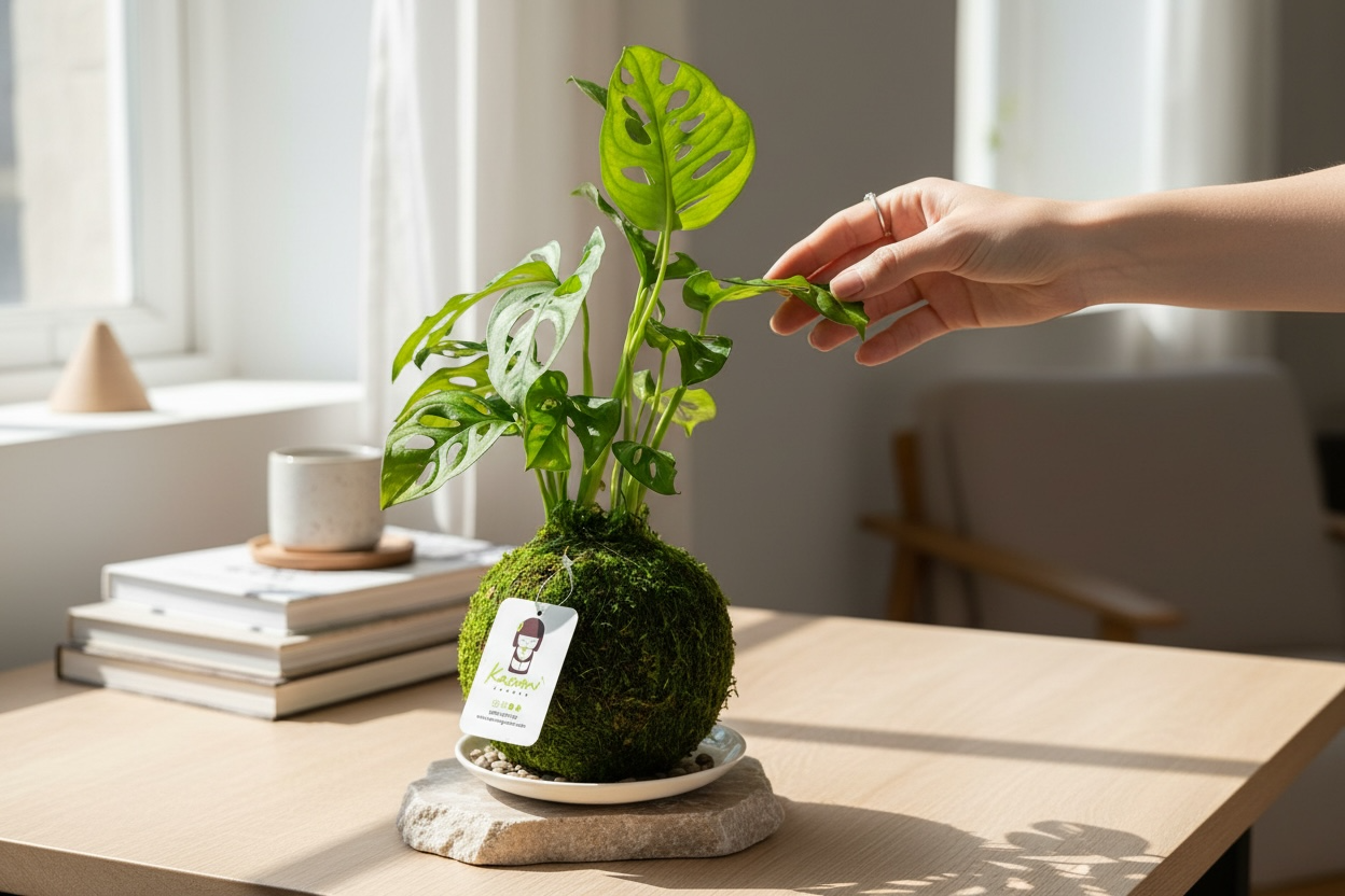 Monstera Swiss Cheese | Moss Ball Kokedama detail view by Kazumi Garden