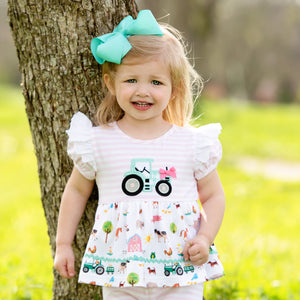 Girls Tractor Romper detail view by Seven Lantern Lane