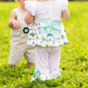 Girls Tractor Romper detail view by Seven Lantern Lane