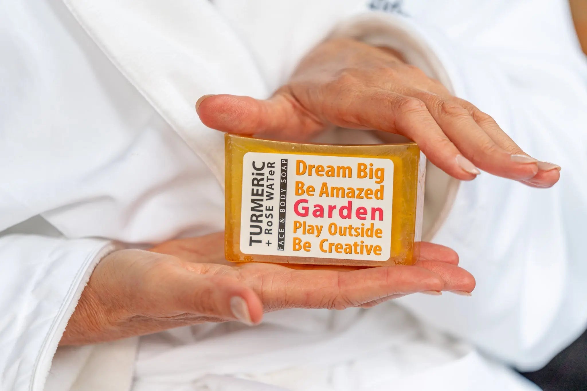 TURMERiC + Rose WATeR FACE & BODY SOAP 5 oz. by Essential Journeys, natural skincare detail photo 2
