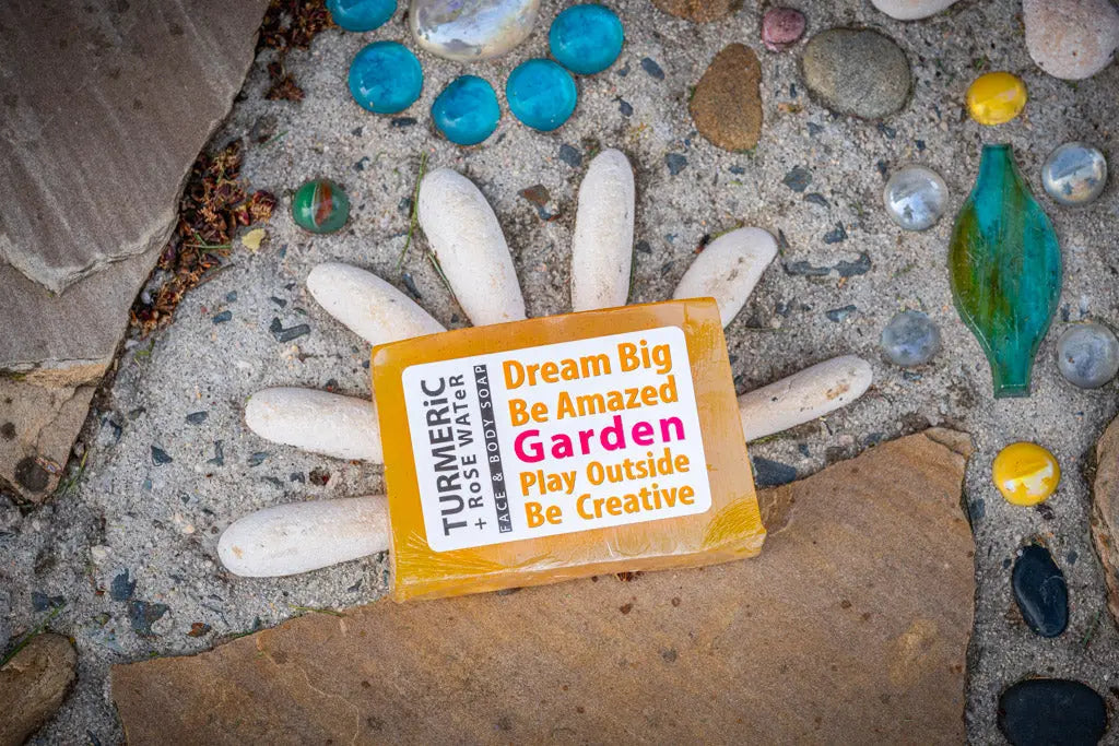TURMERiC + Rose WATeR FACE & BODY SOAP 5 oz. by Essential Journeys, natural skincare detail photo 4