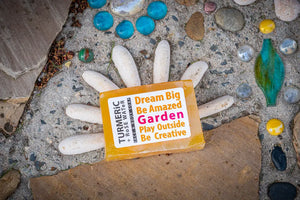 TURMERiC + Rose WATeR FACE & BODY SOAP 5 oz. by Essential Journeys, natural skincare detail photo 4
