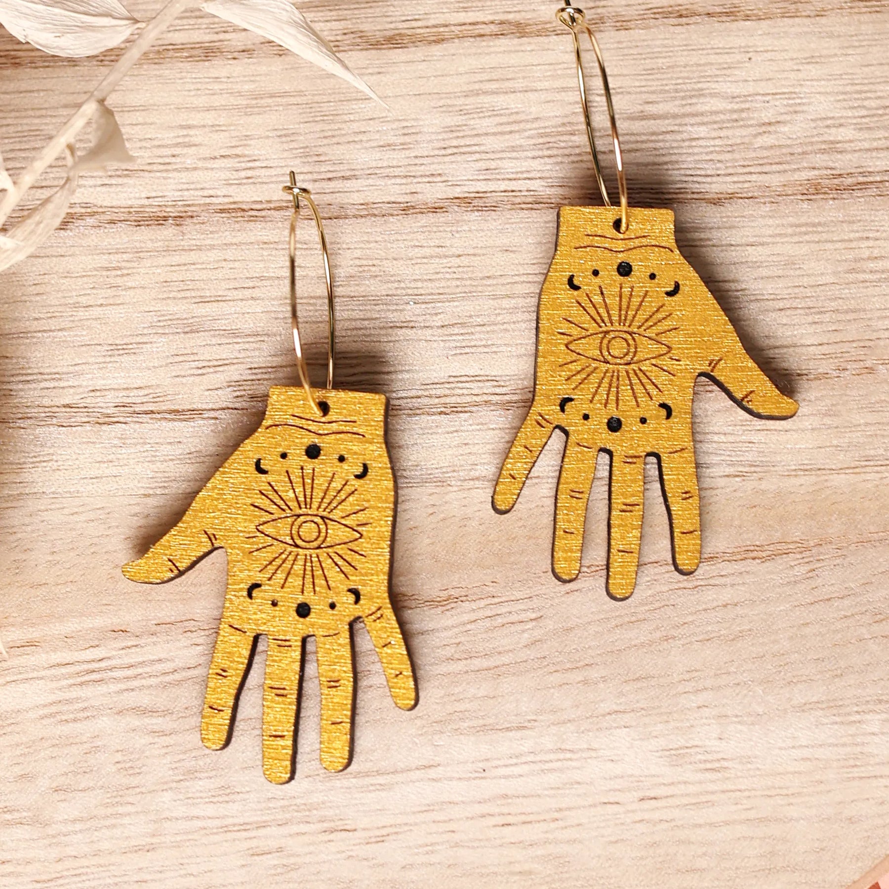 Additional view of Tarot Hand Hoop Earrings hand painted on lightweight wood by LE CHIC MIAMI
