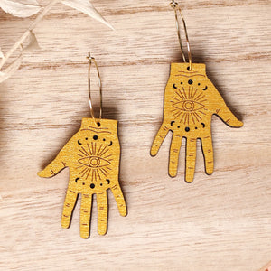 Additional view of Tarot Hand Hoop Earrings hand painted on lightweight wood by LE CHIC MIAMI