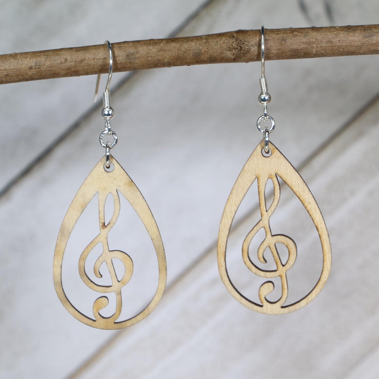 Teardrop Treble Clef Wooden Dangle Earrings | Music Jewelry