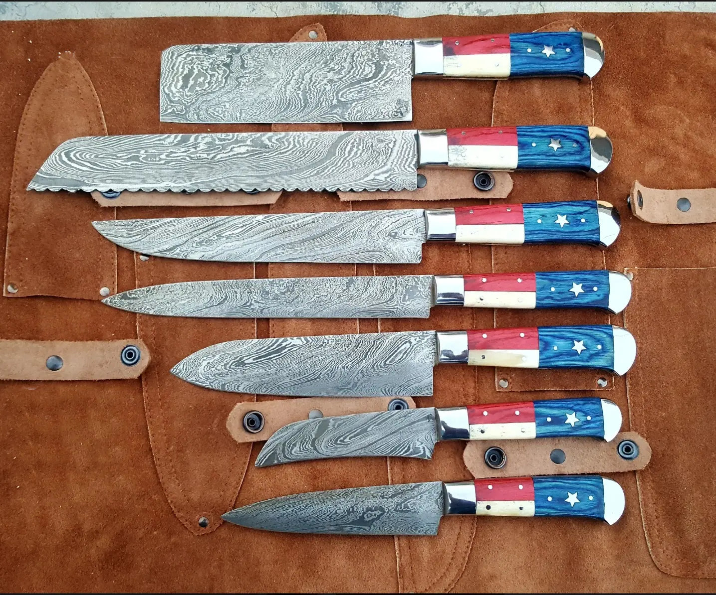 Texas Chefs 7-Piece Custom Handmade Damascus Steel Knife Set with Exotic Wood Handles & Leather Roll by Damascus Knife Store, Damascus knife main product photo