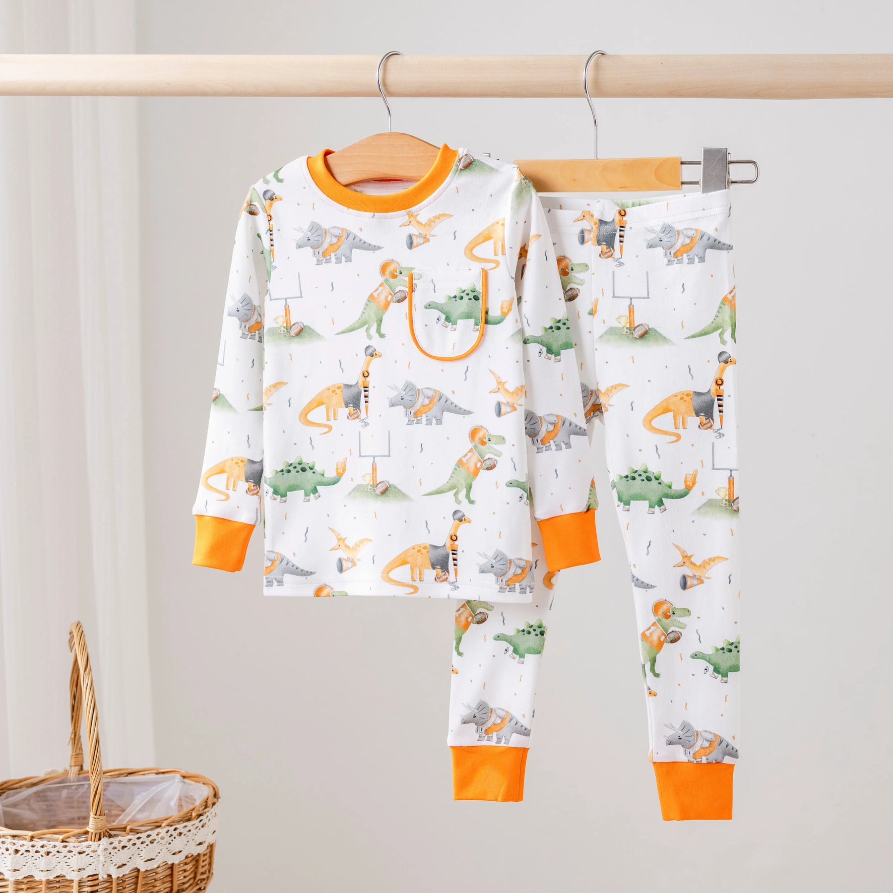 Texas Dinos All-Stars Organic Cotton Kids Pajamas by Nola Tawk, Southern food gift main product photo