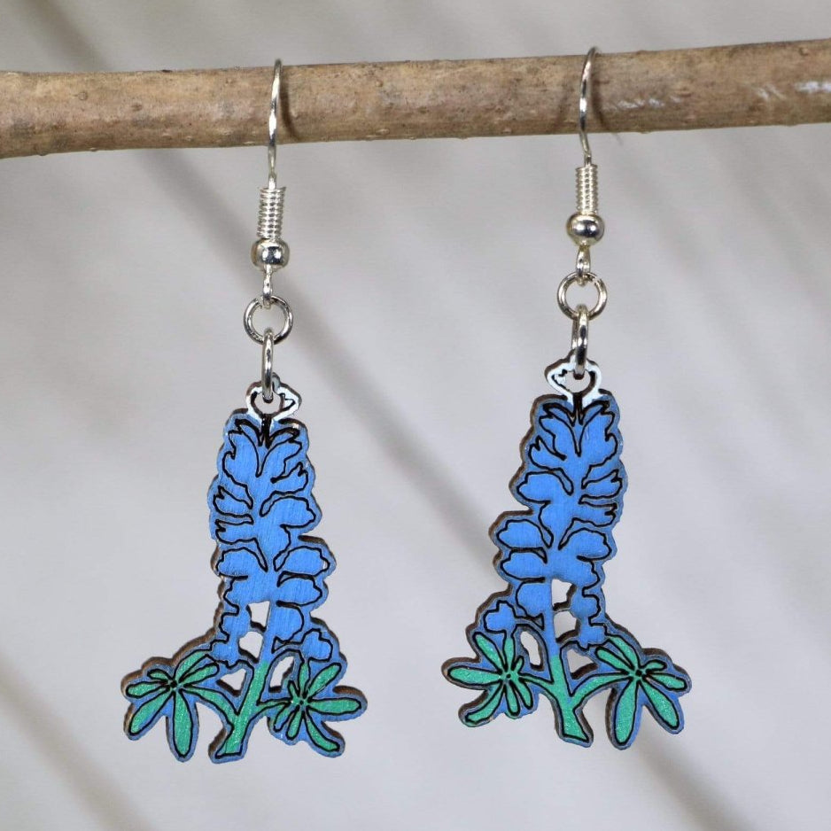 Texas Bluebonnet Wooden Earrings | State Flower Jewelry by Cate's Concepts, LLC, handmade jewelry main product photo