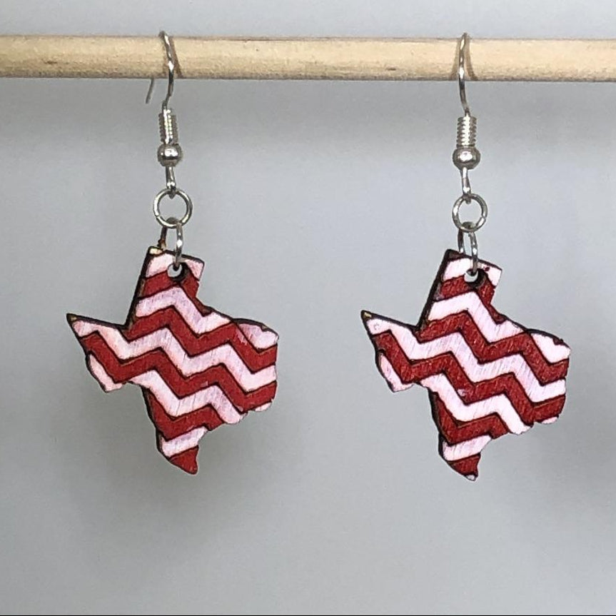 Texas Chevron Wooden Dangle Earrings | Red White State Jewelry detail view by Cate's Concepts, LLC