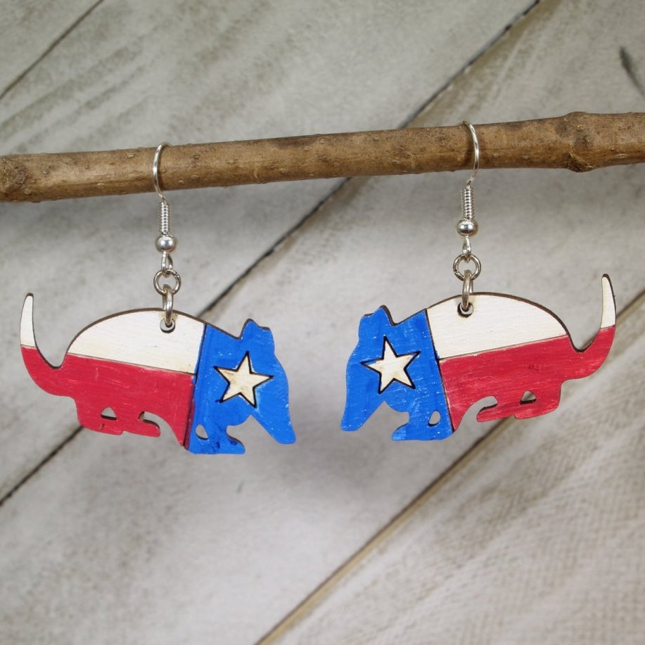 Texas Flag Armadillo Wooden Earrings | Lone Star State Jewelry by Cate's Concepts, LLC, handmade jewelry main product photo
