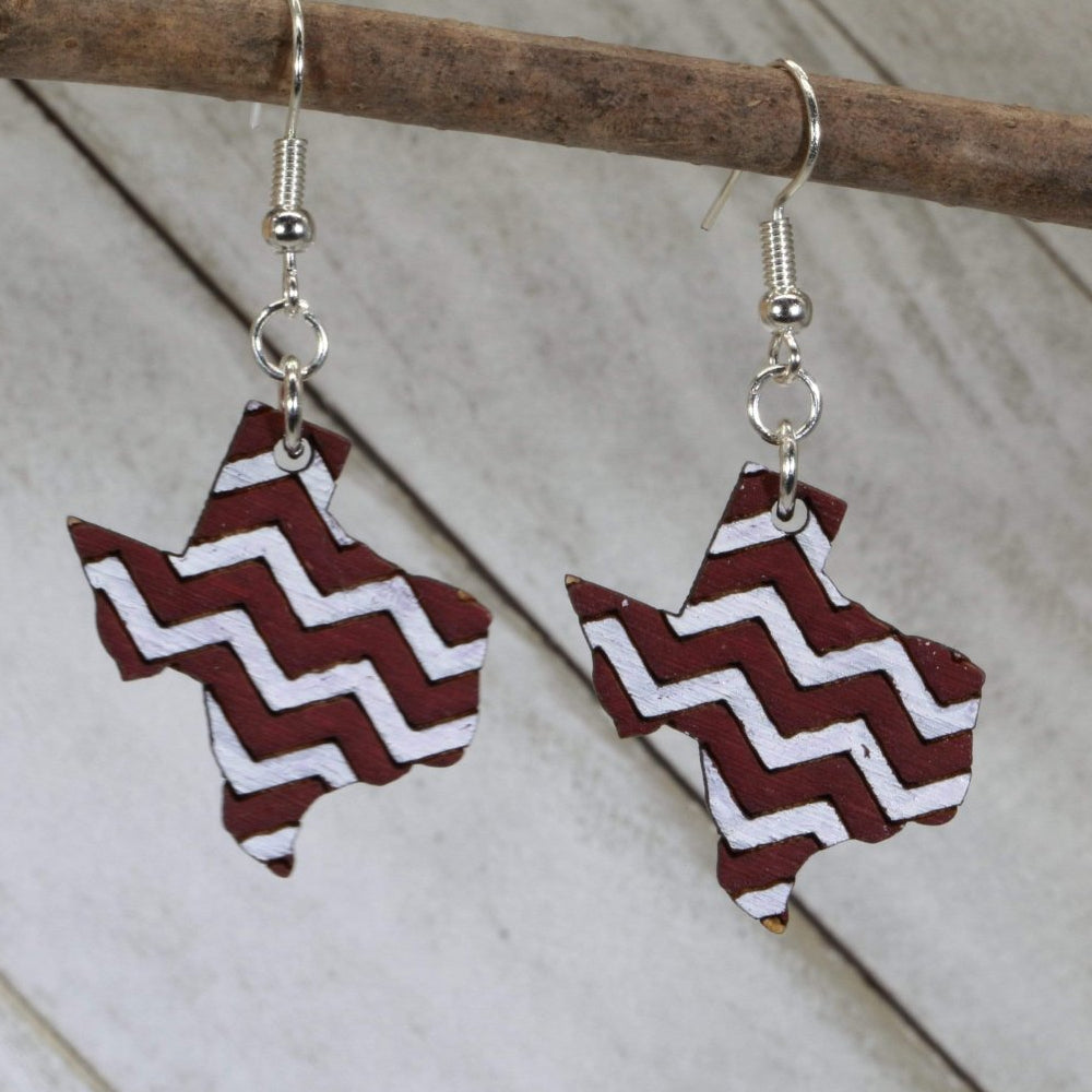 Texas Maroon White Chevron Wooden Dangle Earrings | State Jewelry detail view by Cate's Concepts, LLC