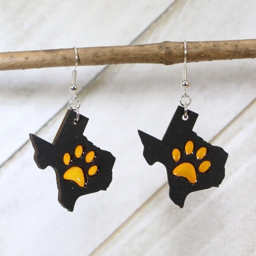 Texas Paw Print Wood Resin Earrings | Texas School Spirit Jewelry by Cate's Concepts, LLC, handmade jewelry main product photo