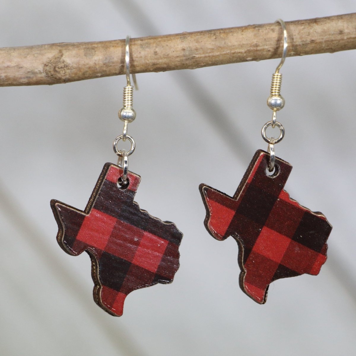 Texas State Buffalo Plaid Wooden Earrings | Texas Pride Jewelry detail view by Cate's Concepts, LLC