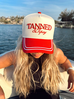 Tanned & Tipsy - Red Vintage Trucker Hat by KenzKustomz, Southern lifestyle apparel detail photo 5
