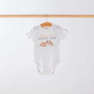 The Newest Saints Fan Organic Cotton Baby Onesie by Nola Tawk, Southern lifestyle apparel main product photo