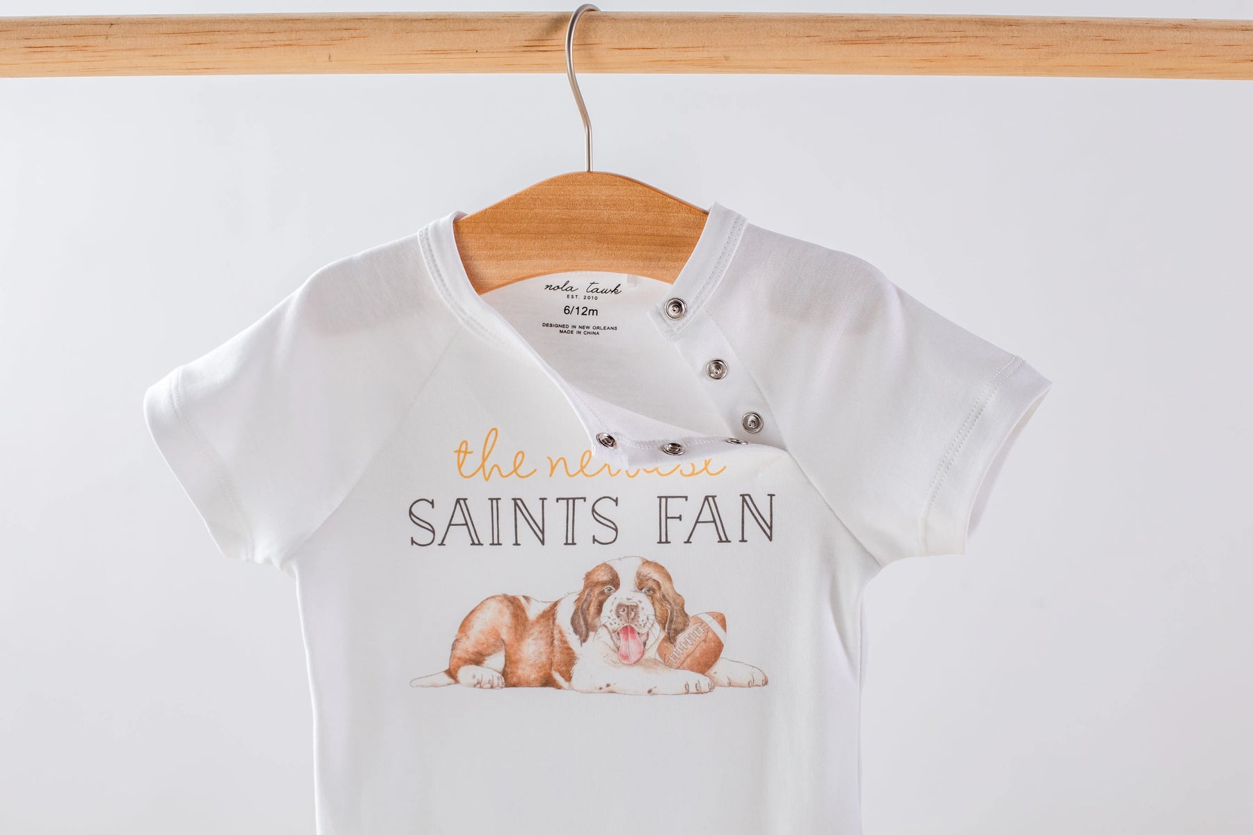 The Newest Saints Fan Organic Cotton Baby Onesie by Nola Tawk, Southern lifestyle apparel detail photo 2