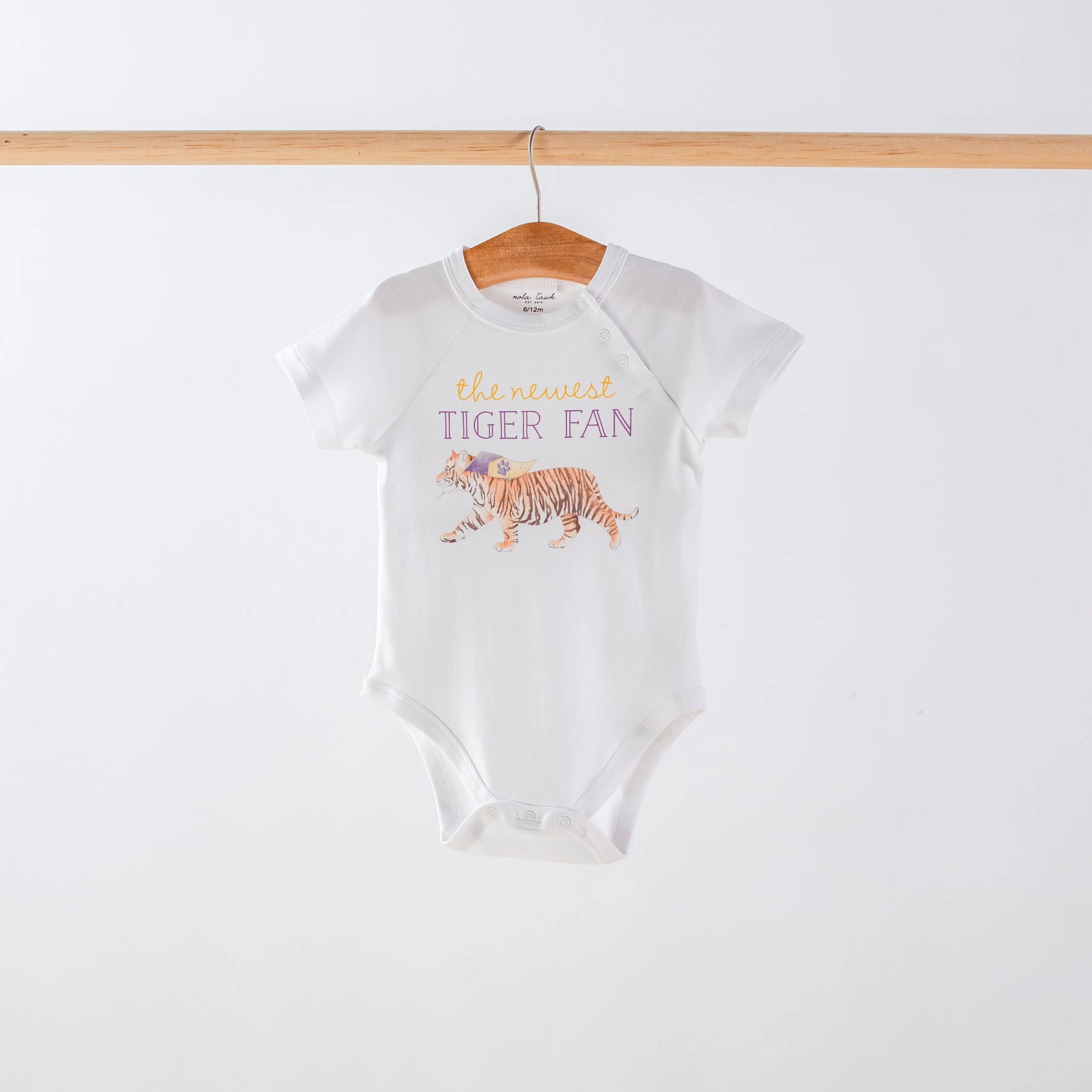 The Newest Tiger Fan Organic Cotton Baby Onesie by Nola Tawk, Southern lifestyle apparel main product photo