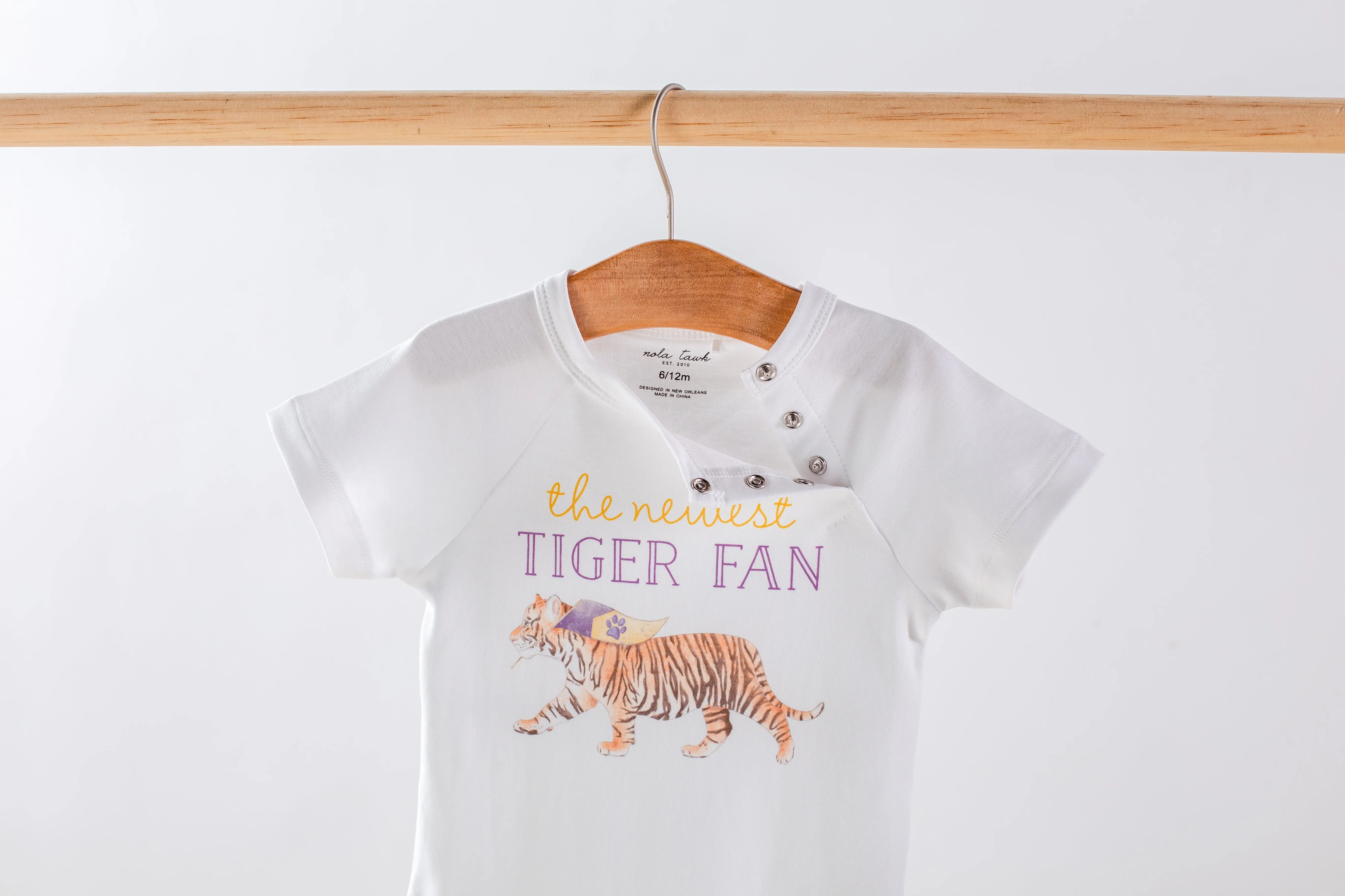 The Newest Tiger Fan Organic Cotton Baby Onesie by Nola Tawk, Southern lifestyle apparel detail photo 2