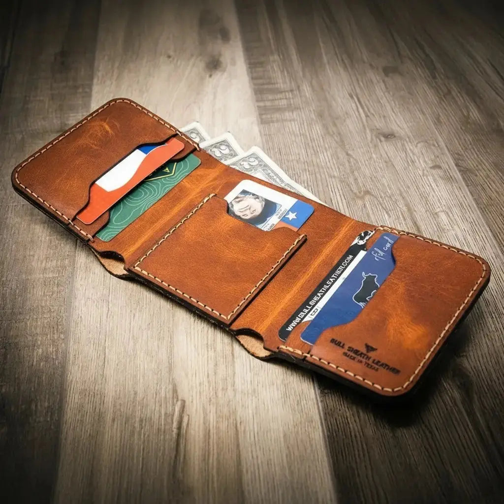 The Trinity Trifold Wallet by Bull Sheath Leather, handmade leather goods detail photo 14
