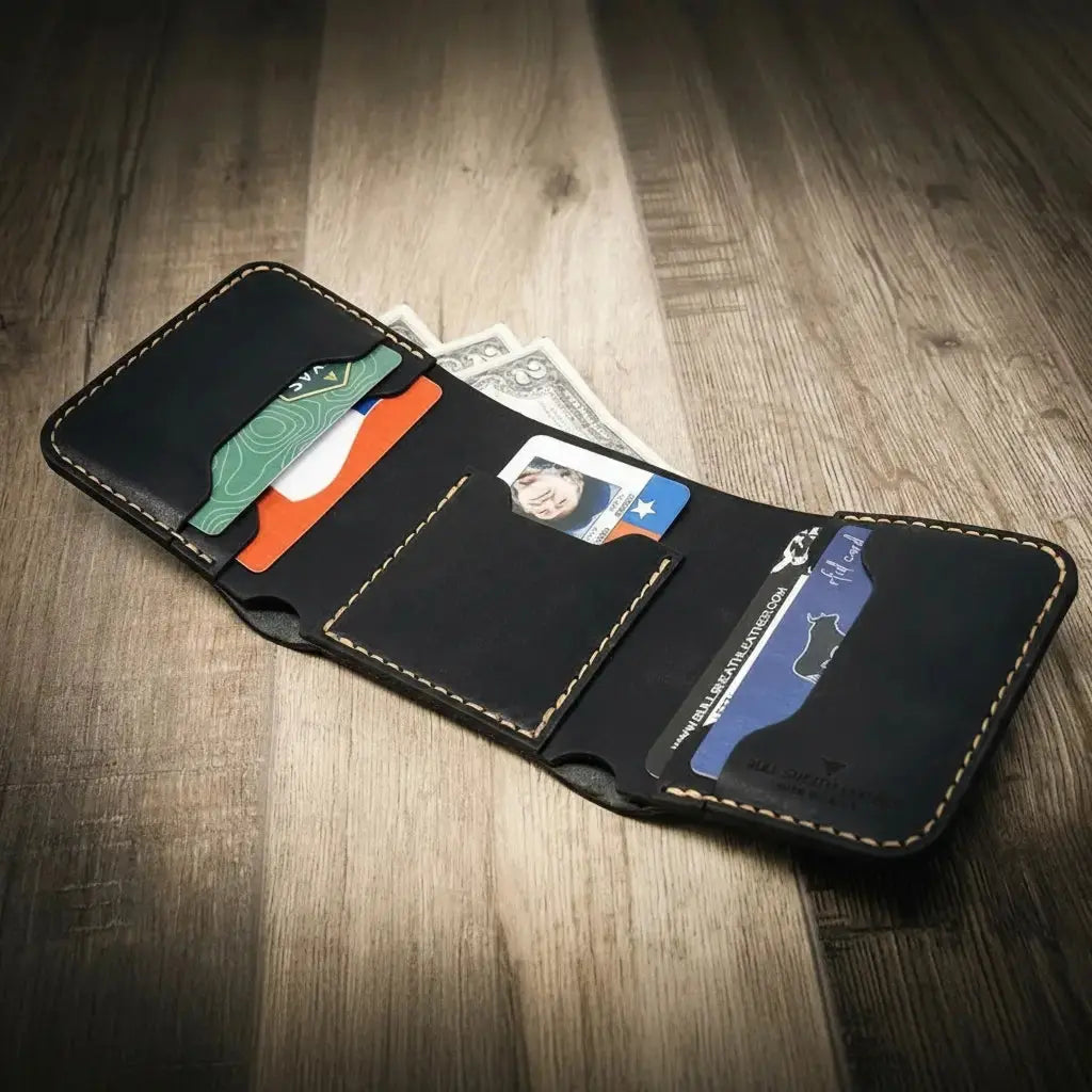 The Trinity Trifold Wallet by Bull Sheath Leather, handmade leather goods detail photo 19