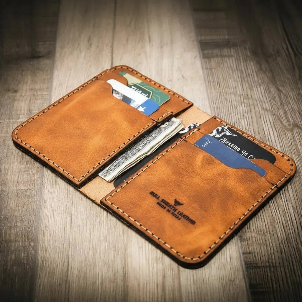 The Tyler Vertical Wallet by Bull Sheath Leather, handmade leather goods detail photo 9