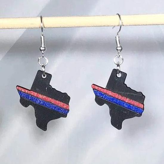 Thin Red Blue Line Texas Wooden Dangle Earrings | State Jewelry