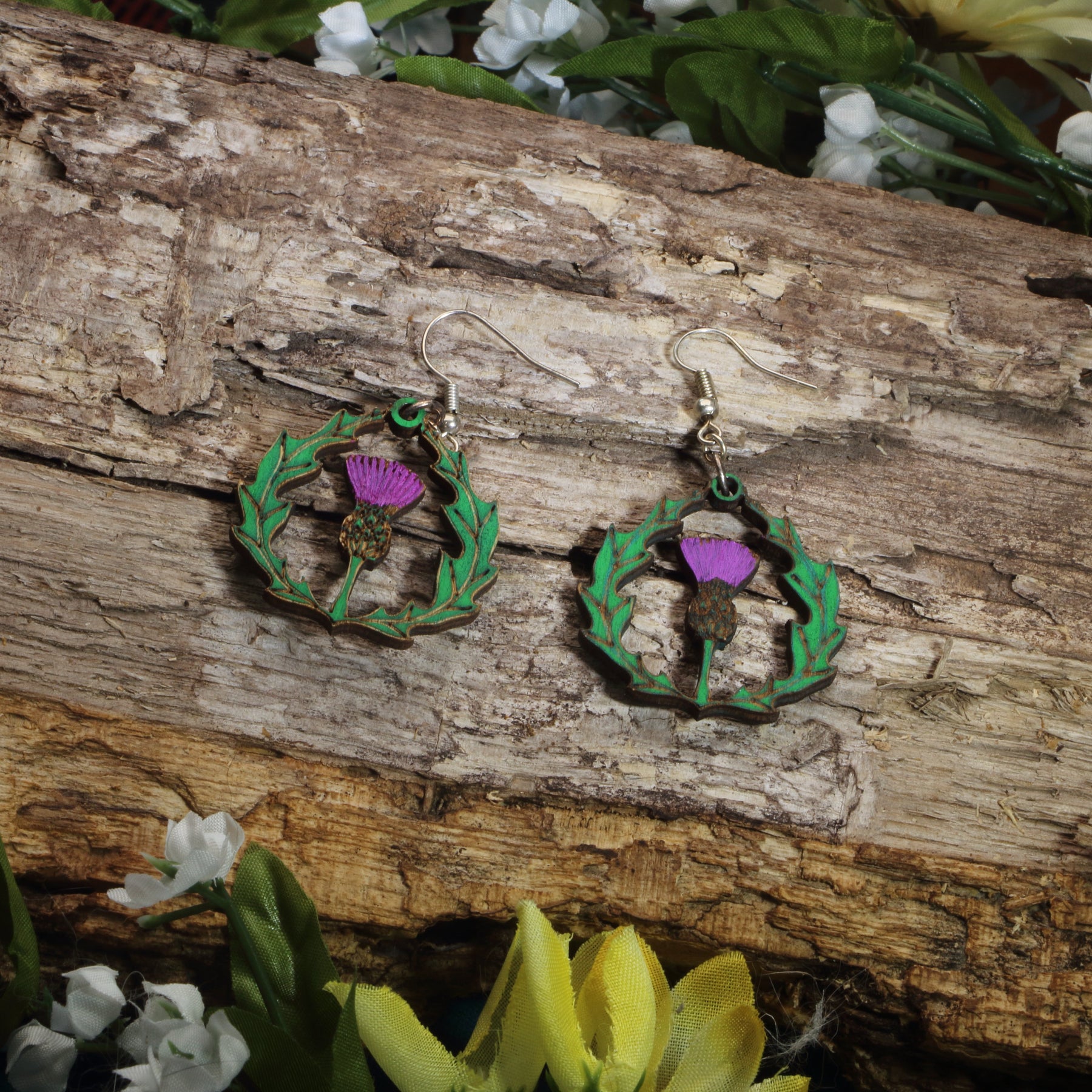 Thistle Wooden Dangle Earrings | Celtic Scottish Flower Jewelry