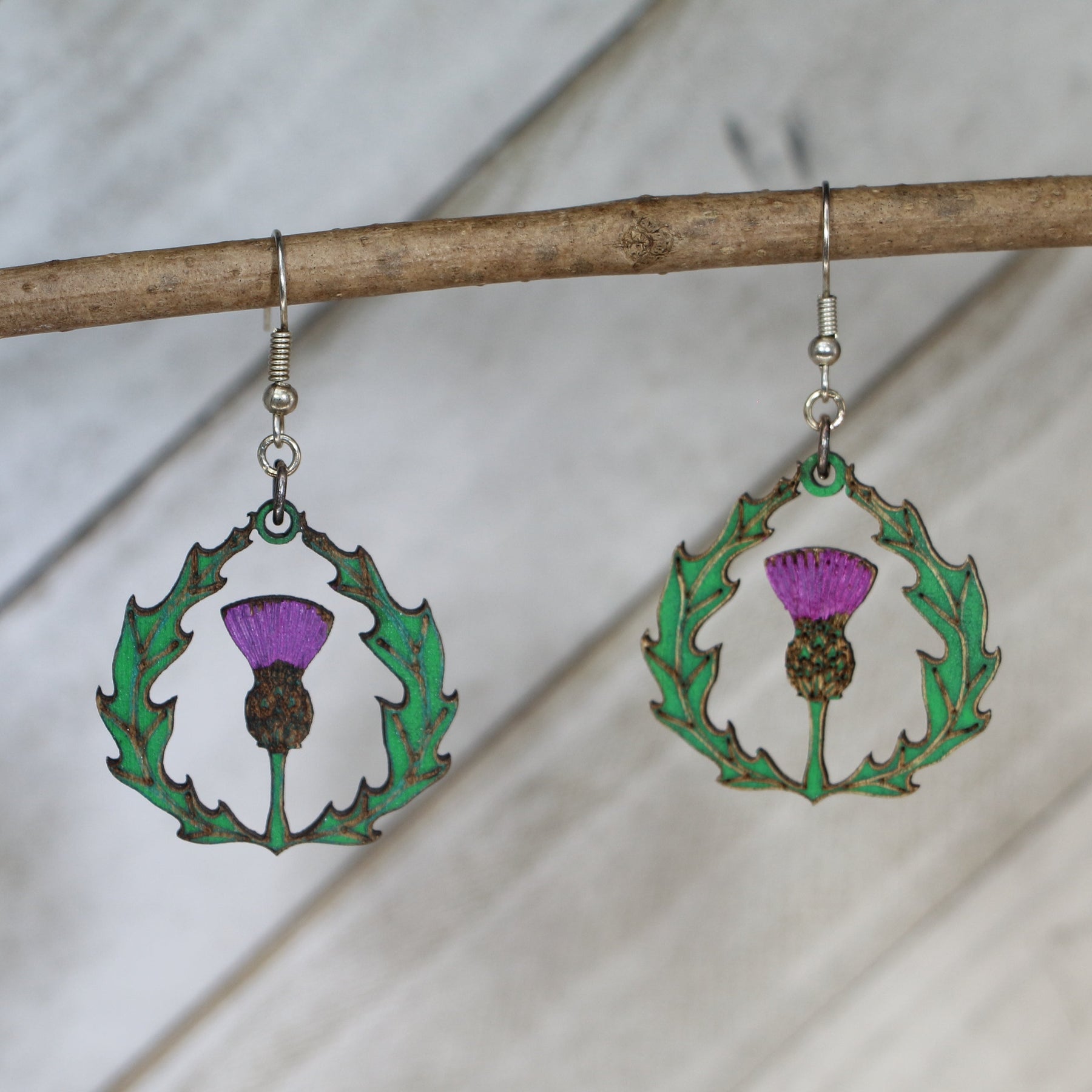 Thistle Wooden Dangle Earrings | Celtic Scottish Flower Jewelry