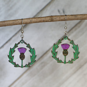 Thistle Wooden Dangle Earrings | Celtic Scottish Flower Jewelry