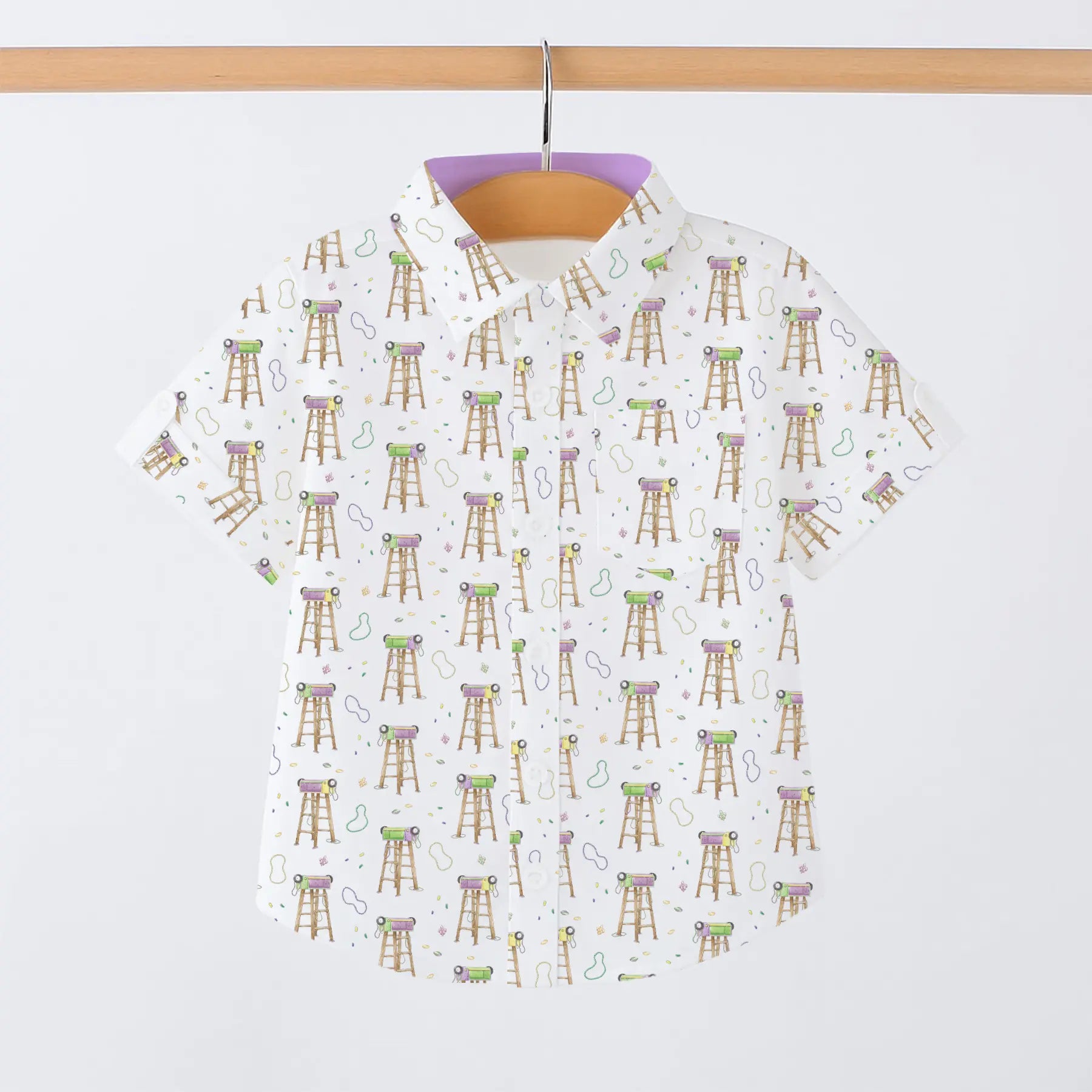 Throw Me Something Mister Mardi Gras Short Sleeve Collared Shirt by Nola Tawk, Southern lifestyle apparel main product photo