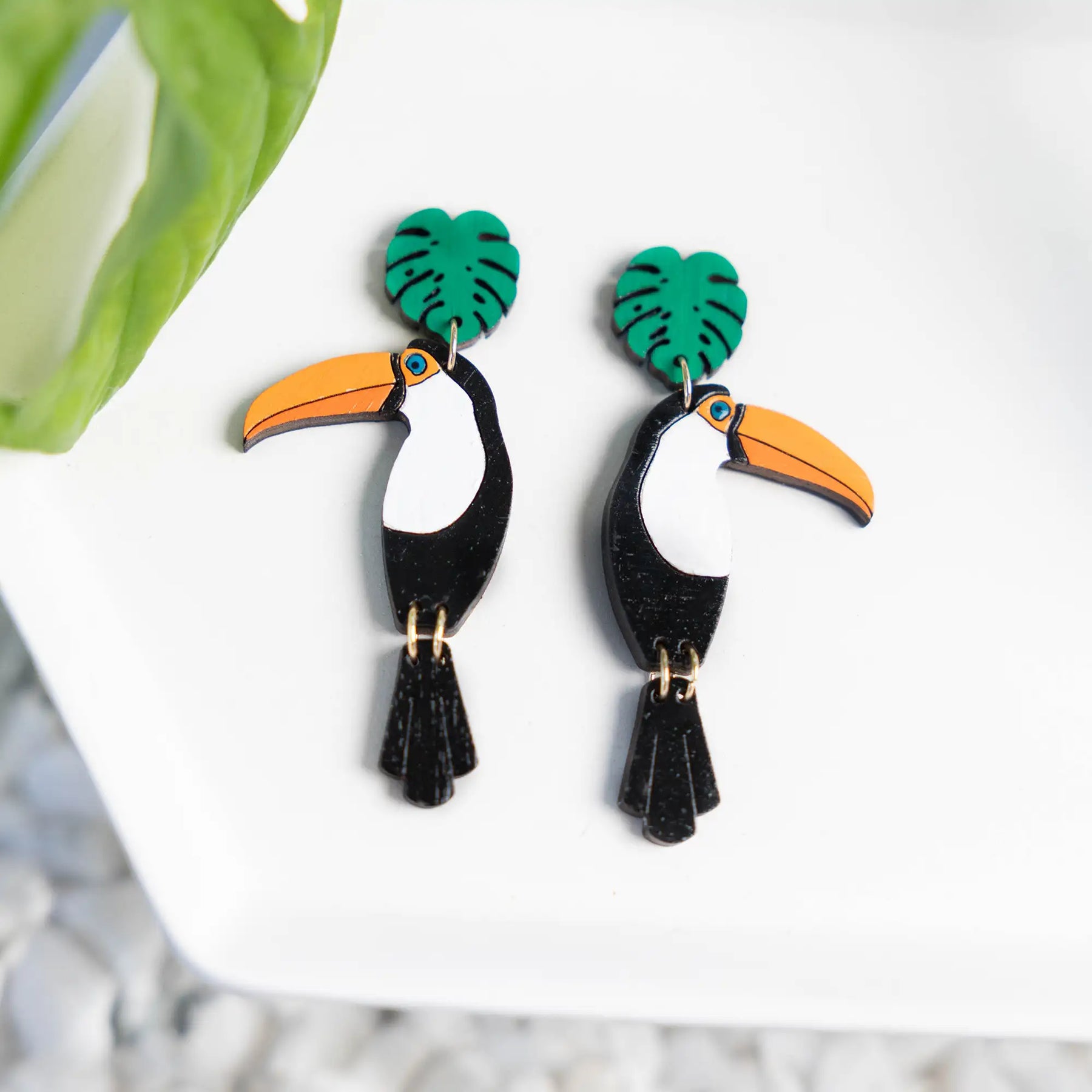 Additional view of Toco Toucan Stud Dangle Earrings hand painted on lightweight wood by LE CHIC MIAMI