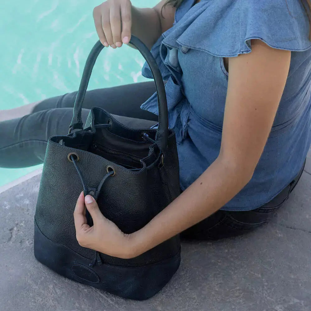 Tooled Leather Bucket Bag by Mission Mercantile Leather Goods, handmade leather goods detail photo 3