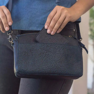 Tooled Leather Crossbody Bag by Mission Mercantile Leather Goods, natural skincare detail photo 3
