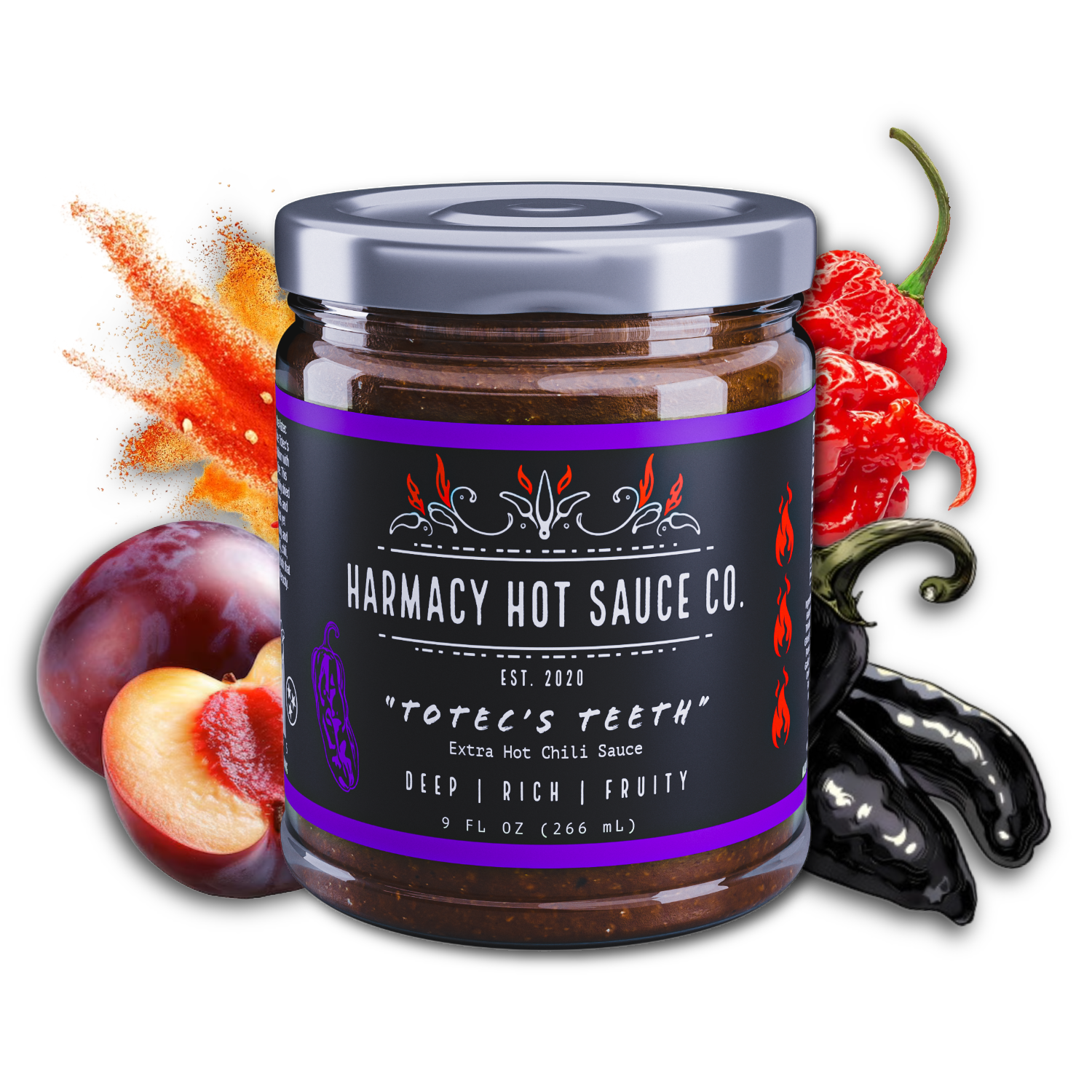 Totec's Teeth - Extra Hot Pasilla & Plum (9oz) by Harmacy Hot Sauce Co.