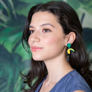 Additional view of Toucan Stud Dangle Earrings hand painted on lightweight wood by LE CHIC MIAMI