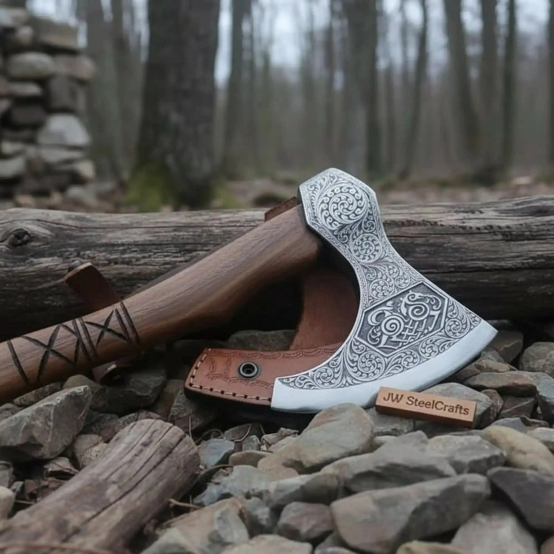 Norse Pattern Acid Etched Bushcraft Belt Viking Bearded Axe with Leather Carry Sheath by JW SteelCrafts, leather knife sheath detail photo 3
