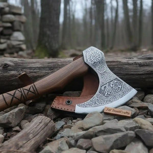 Norse Pattern Acid Etched Bushcraft Belt Viking Bearded Axe with Leather Carry Sheath by JW SteelCrafts, leather knife sheath detail photo 3