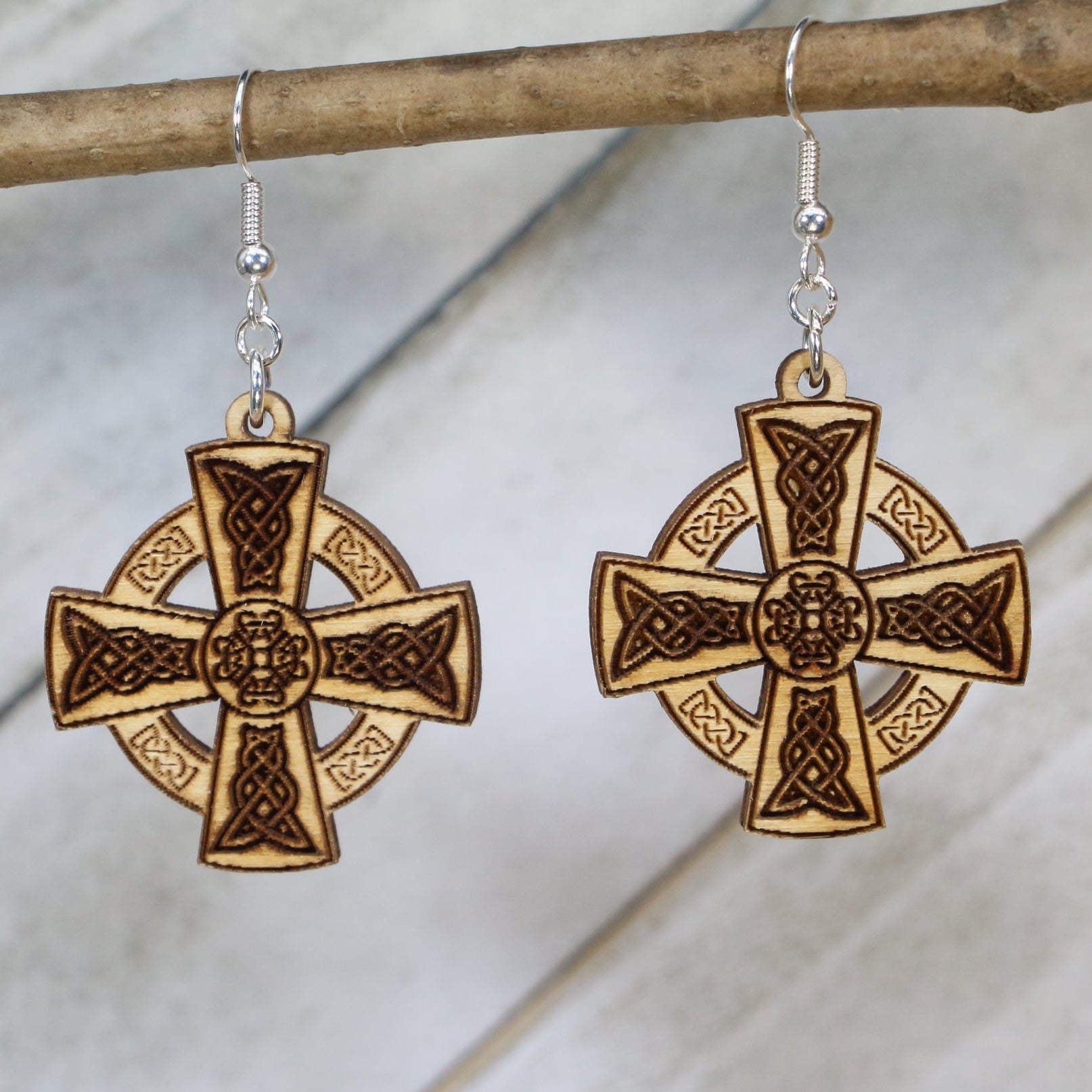 Traditional Celtic Cross Wooden Dangle Earrings | Faith Jewelry