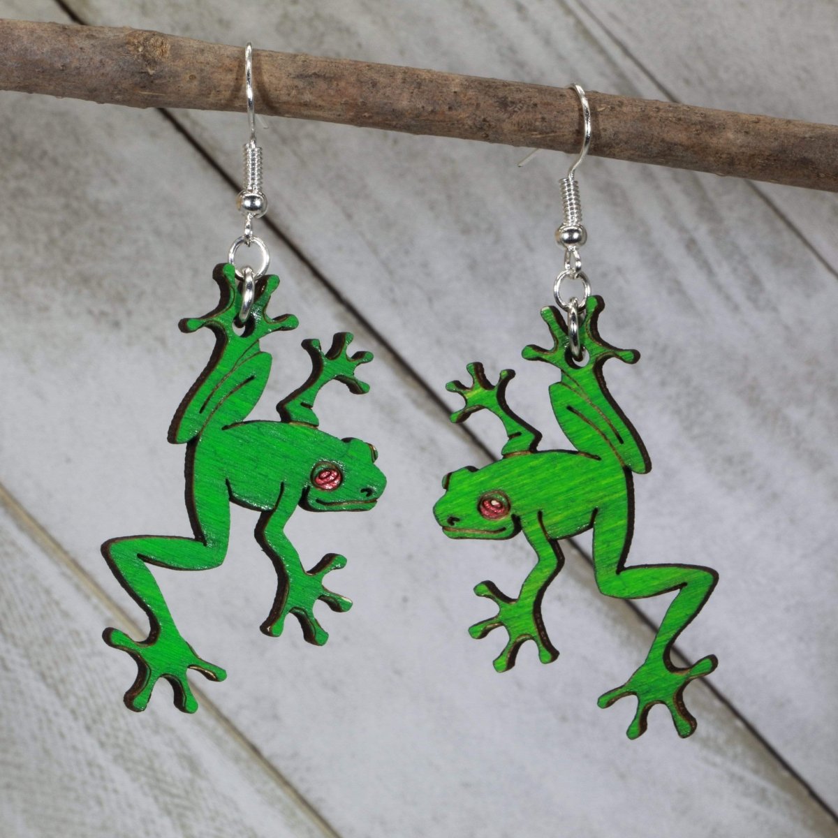 Tree Frog Wooden Dangle Earrings | Rainforest Animal Jewelry detail view by Cate's Concepts, LLC