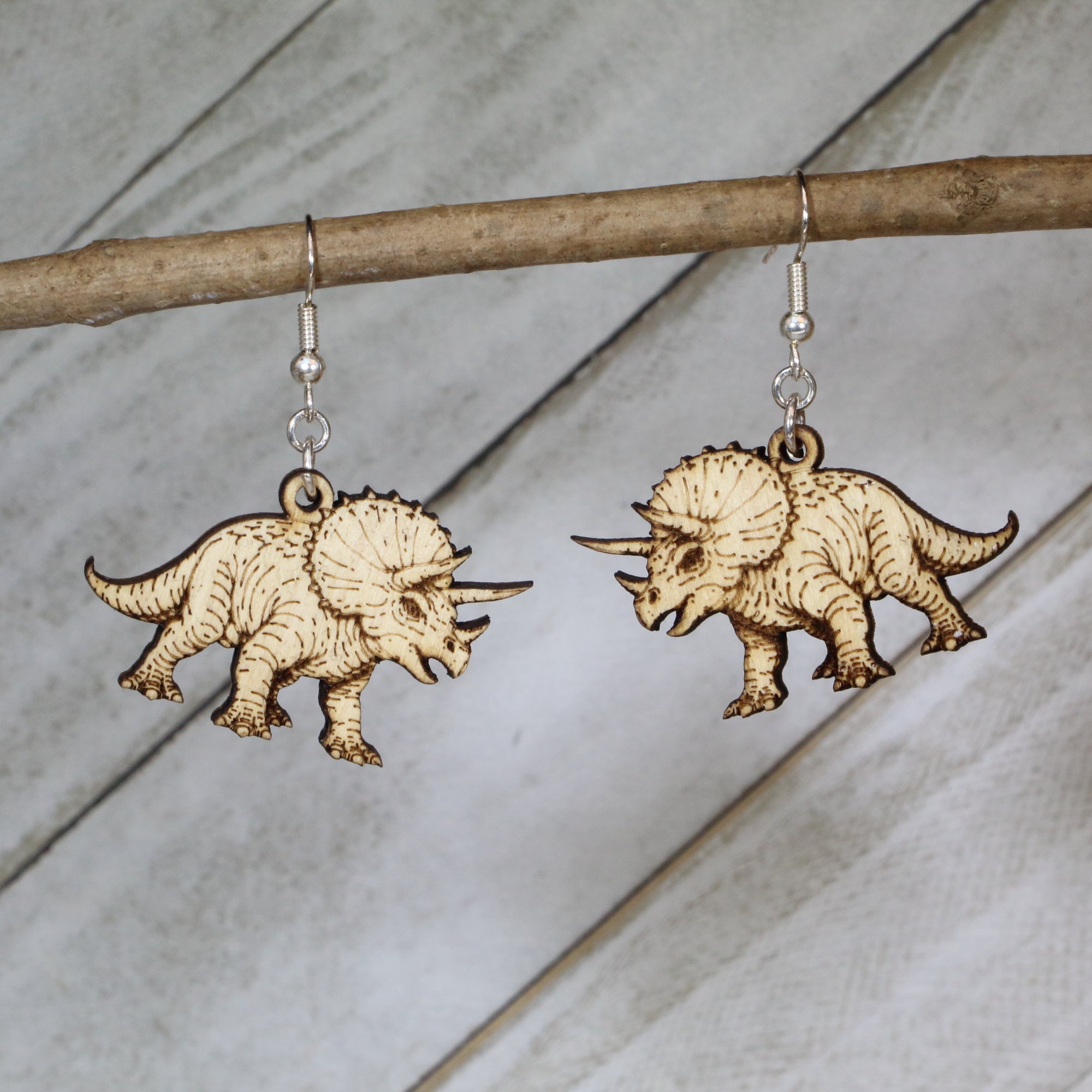 Triceratops Dinosaur Wooden Earrings | Prehistoric Fossil Jewelry by Cate's Concepts, LLC, handmade jewelry main product photo