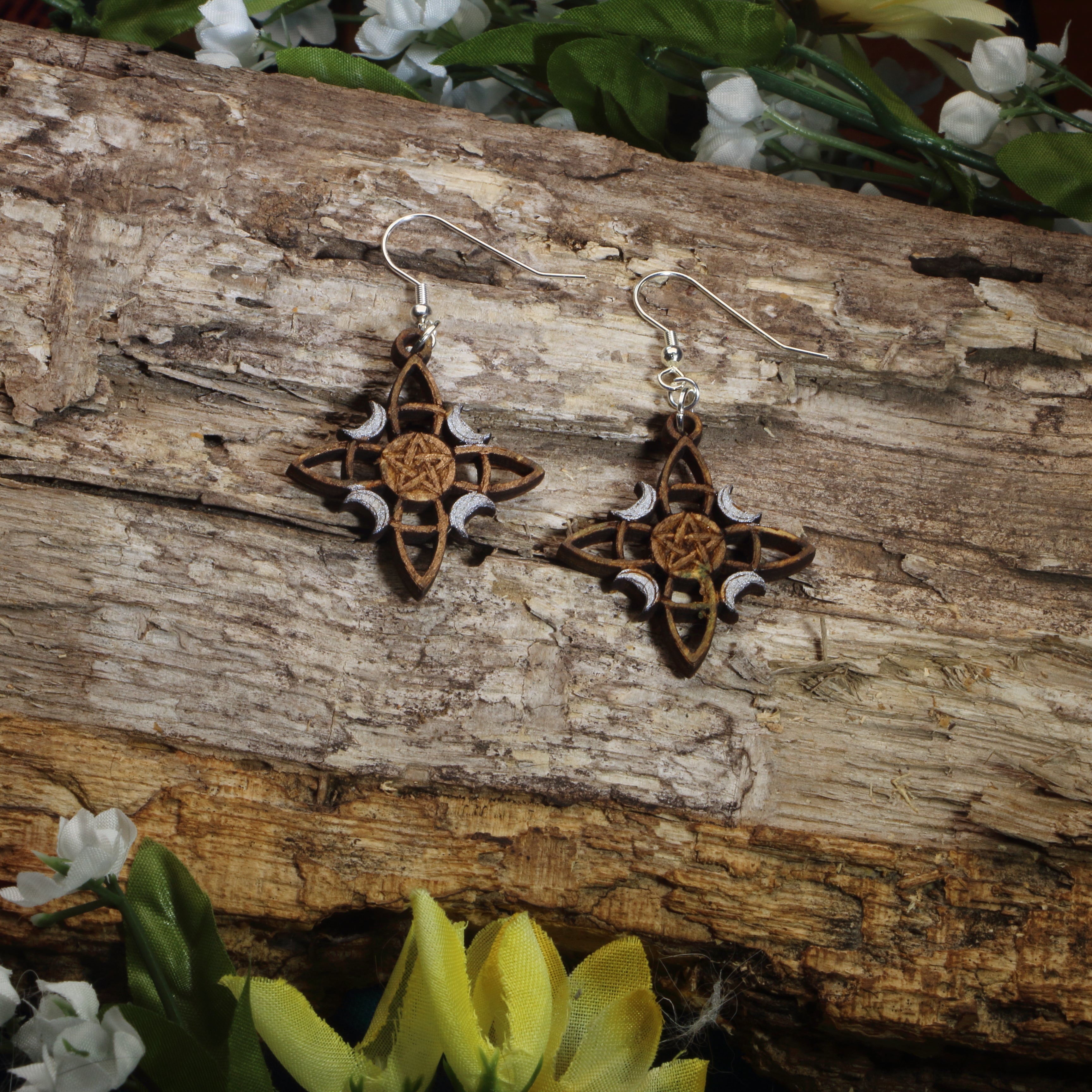 Triple Moon Pentacle Wooden Dangle Earrings | Wiccan Pagan Jewelry by Cate's Concepts, LLC